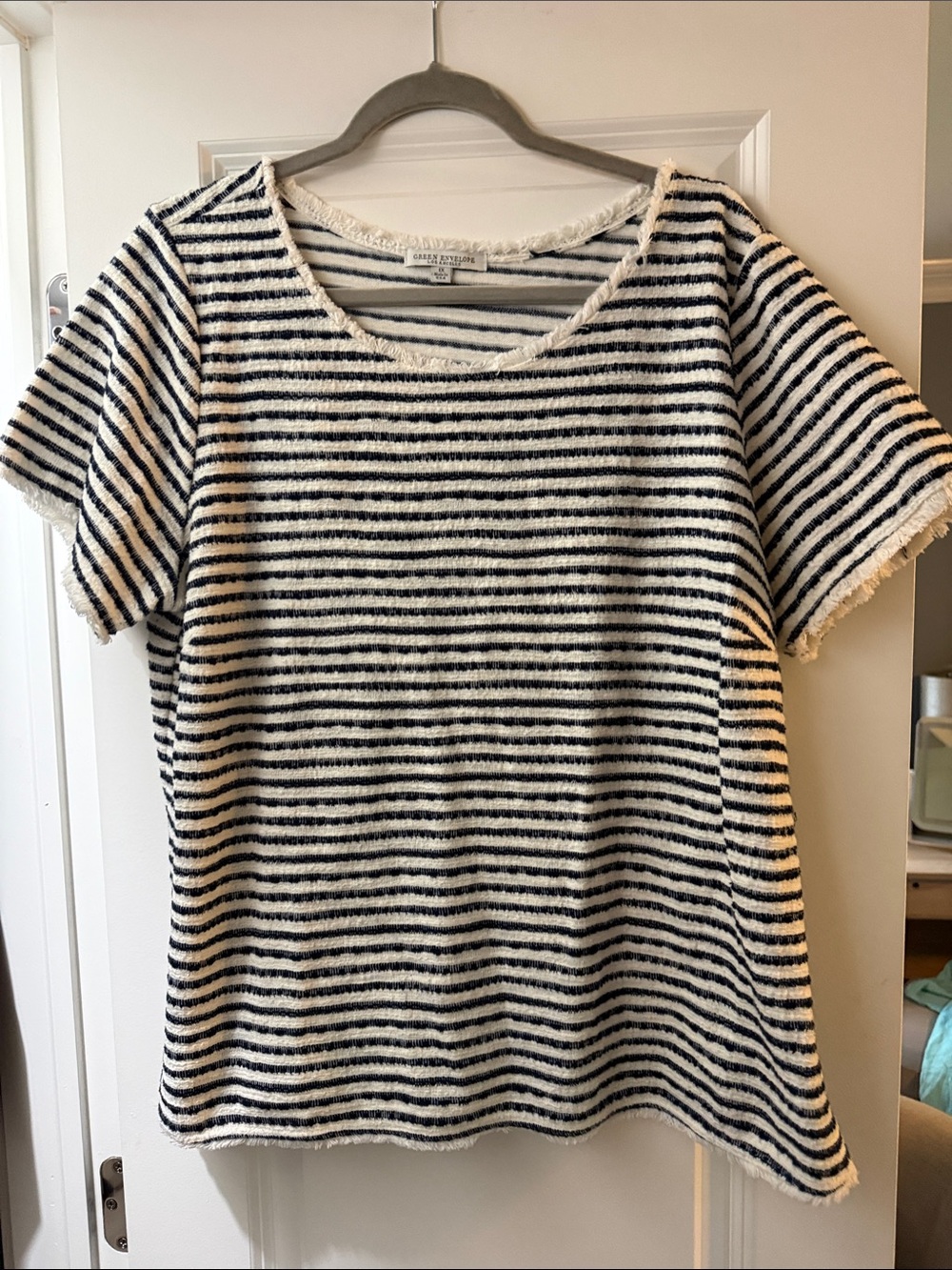 Green Envelope Navy and Cream Striped Short Sleeve Top